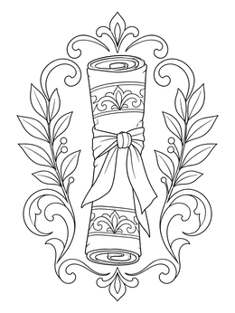 A rolled parchment scroll framed by laurel branches on this aquila and priscilla coloring page.