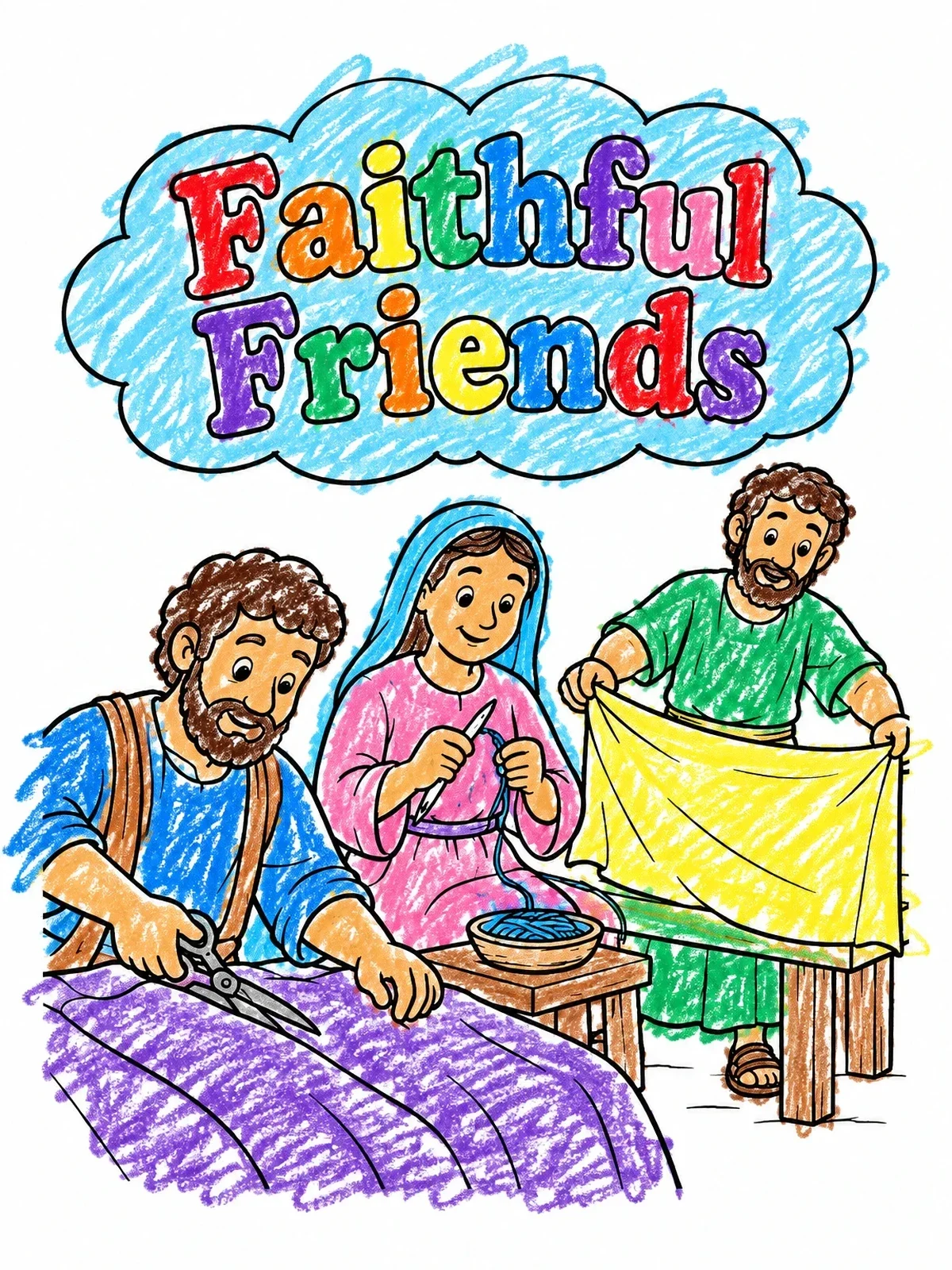 Colored example of the Faithful Friends Tentmaking Together coloring page