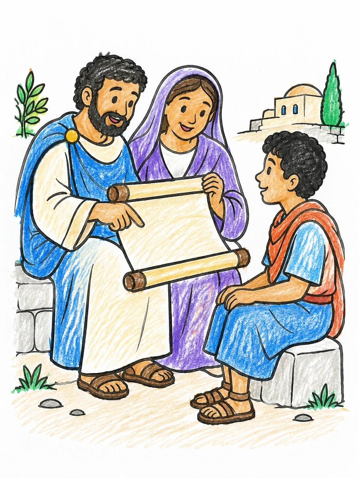 Colored example of the Aquila And Priscilla Teaching With Scroll coloring page