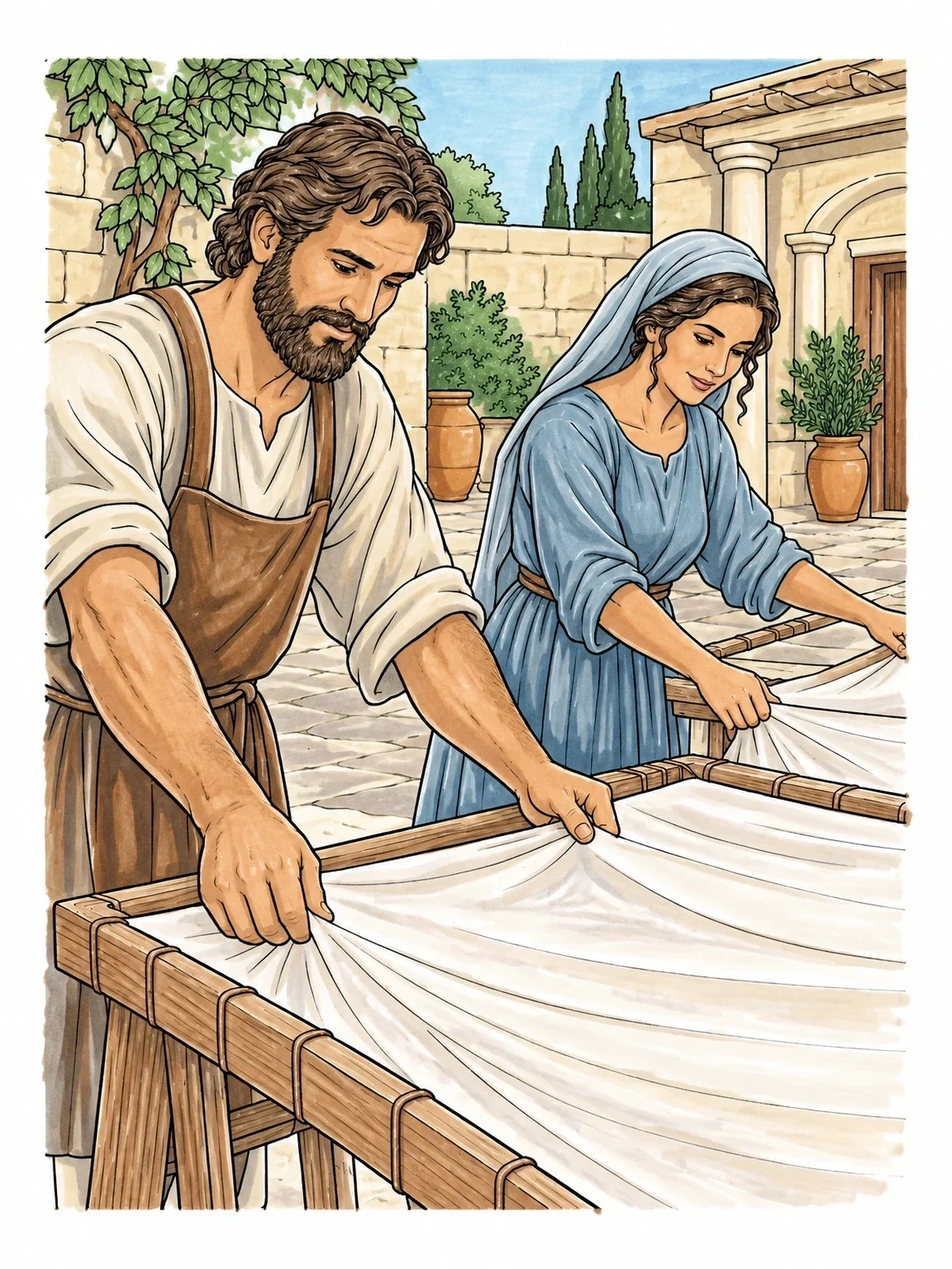 Colored example of the Aquila And Priscilla Making Tents coloring page