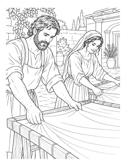An aquila and priscilla coloring page showing the couple stretching fabric over wooden frames in a courtyard.