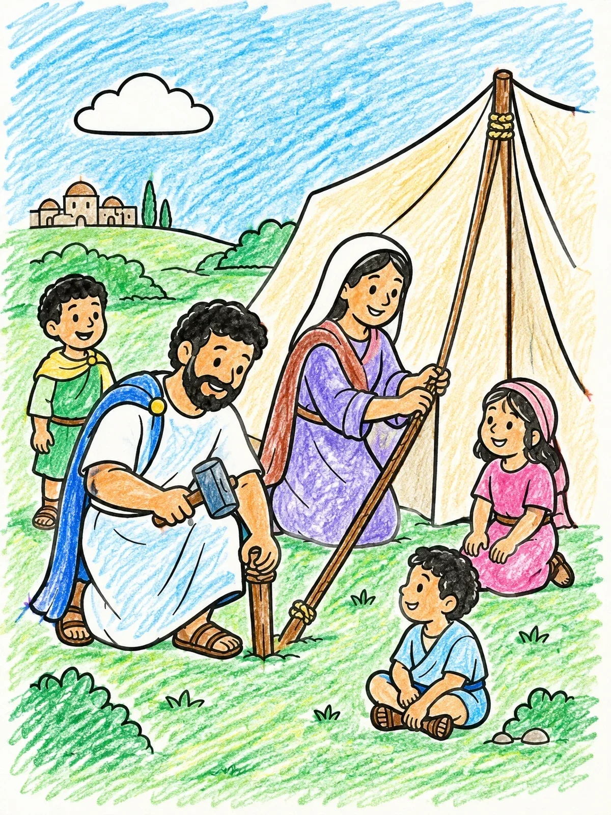 Colored example of the Aquila And Priscilla Building A Tent coloring page
