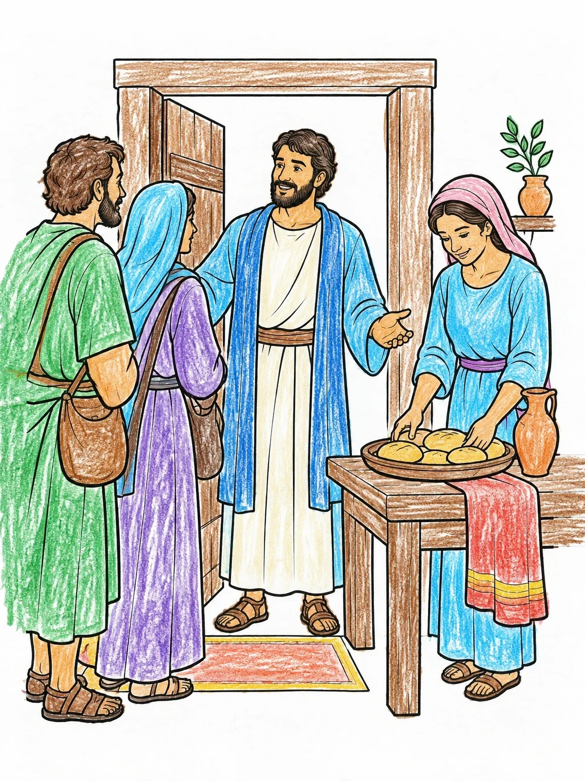 Colored example of the Aquila And Priscilla Welcoming Guests coloring page