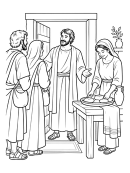 An aquila and priscilla coloring page showing the biblical couple welcoming travelers into their home with bread.