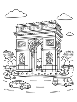 Vehicles circle the famous monument in this detailed Paris coloring page.