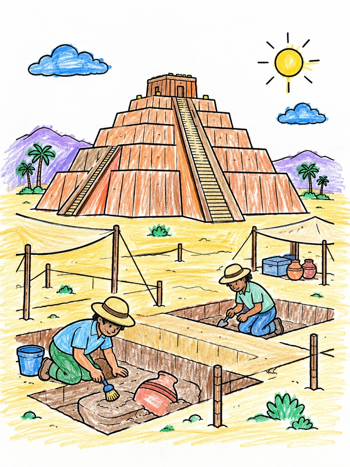 Colored example of the Archaeological Dig At The Ancient Ziggurat coloring page