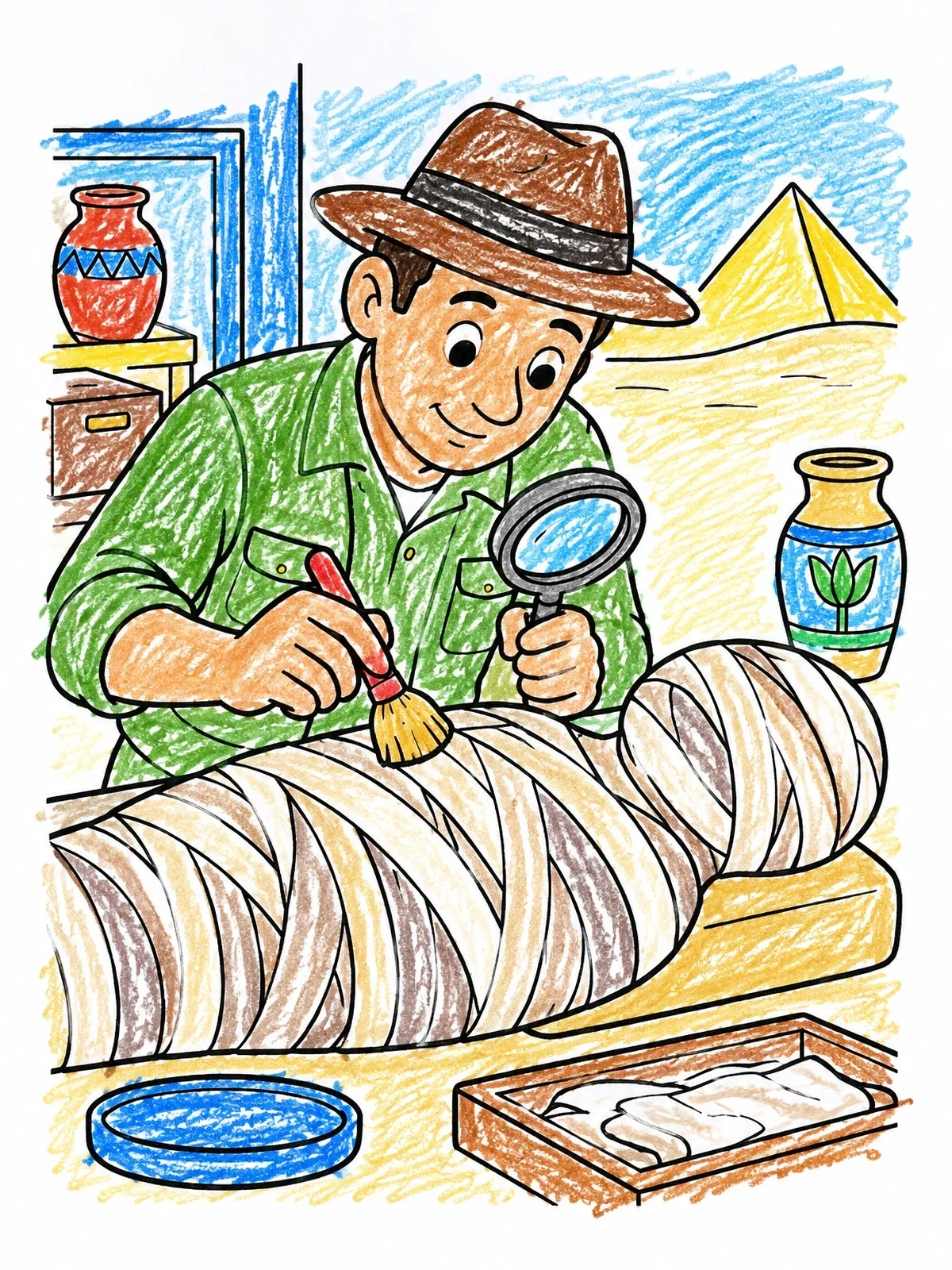 Colored example of the Archaeologist Examining A Wrapped Mummy coloring page