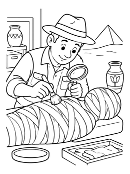Free printable Archaeologist Examining A Wrapped Mummy coloring page