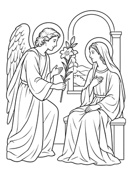 An annunciation coloring page featuring the angel Gabriel offering a lily stem to the Virgin Mary.