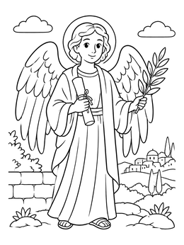 A serene angel coloring page showing Gabriel holding a message scroll and an olive branch.