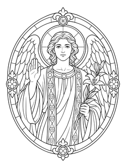Archangel Gabriel blessing with a lily in this annunciation coloring page medallion.