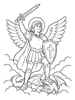Brave Archangel Michael stands victorious on clouds in this angel coloring page.