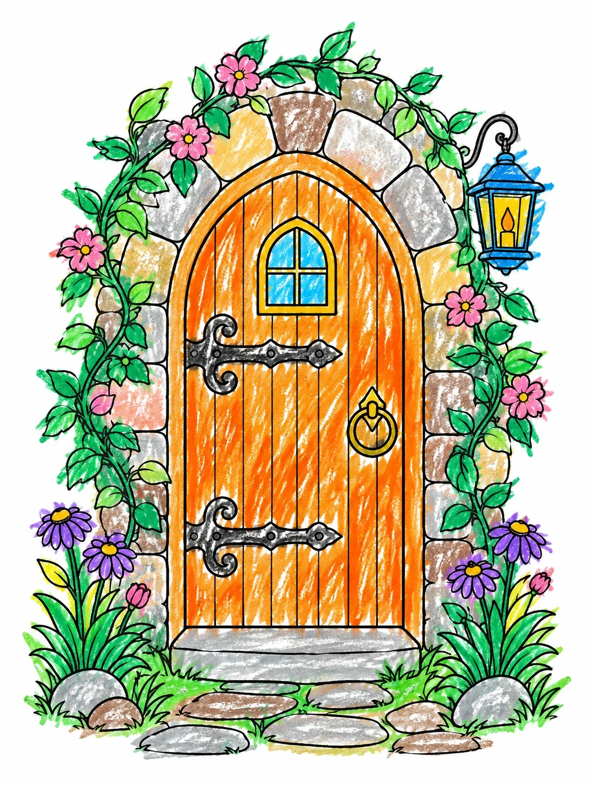 Colored example of the Arched Fairy Cottage Wooden Door coloring page