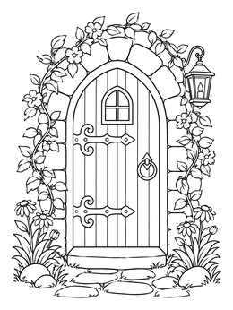 Free printable Arched Fairy Cottage Wooden Door coloring page