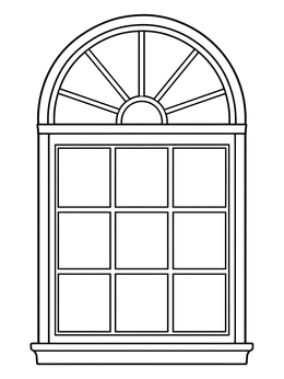 Classic arched window coloring page with geometric grid panes and fanlight.