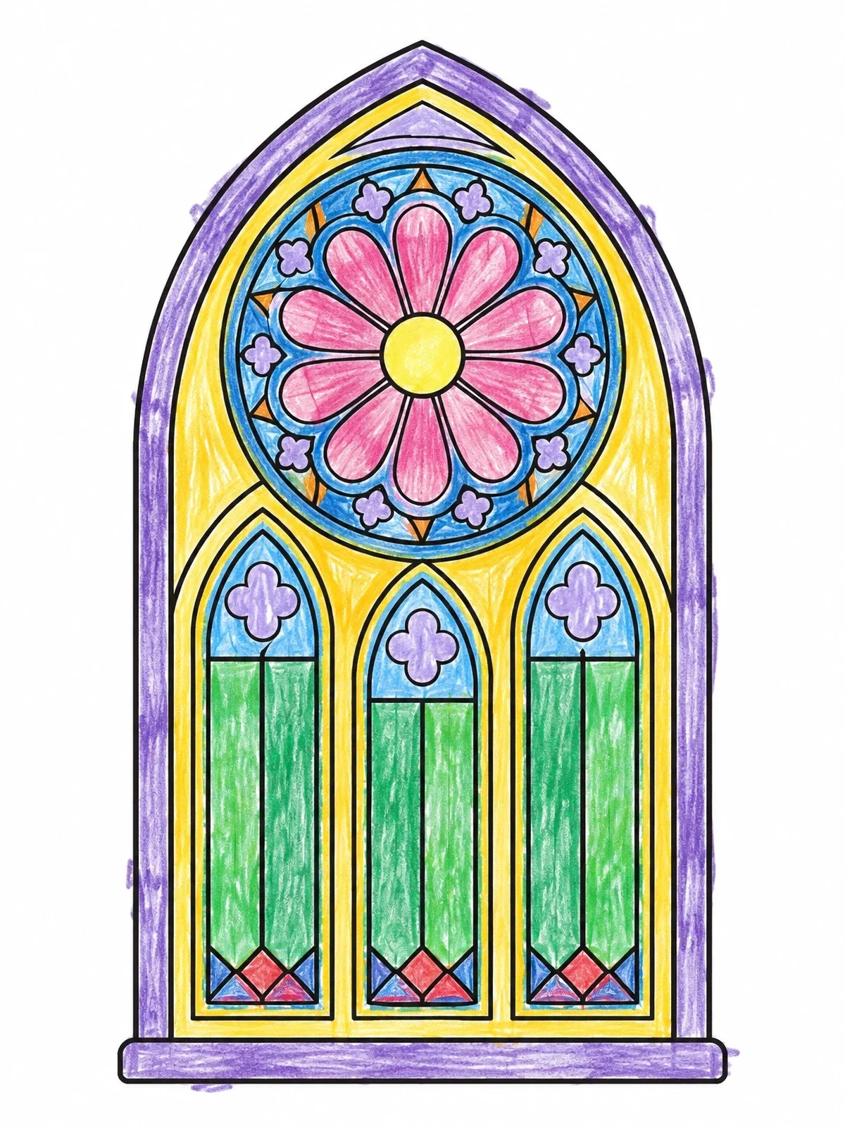 Colored example of the Arched Gothic Rose Window coloring page
