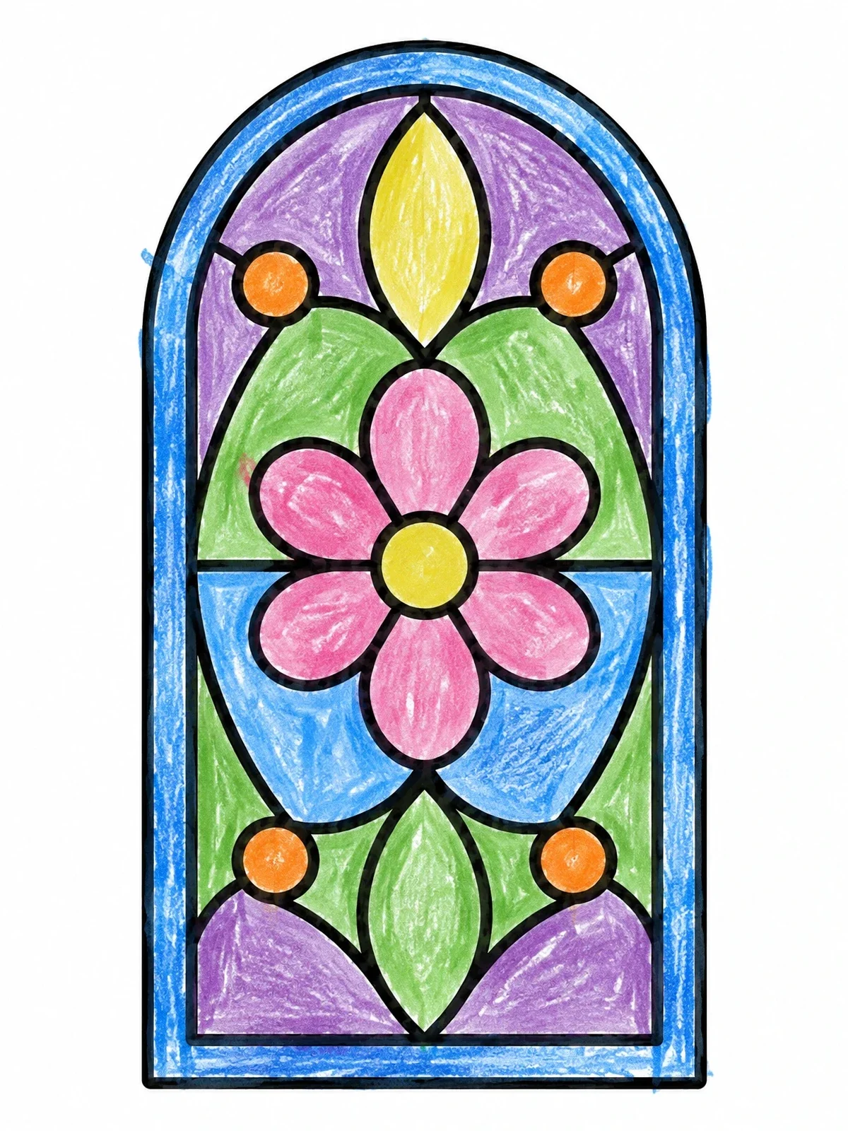 Colored example of the Arched Stained Glass Flower Window coloring page