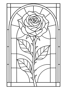 A blooming rose with leaves framed in an arched stained glass coloring page design.