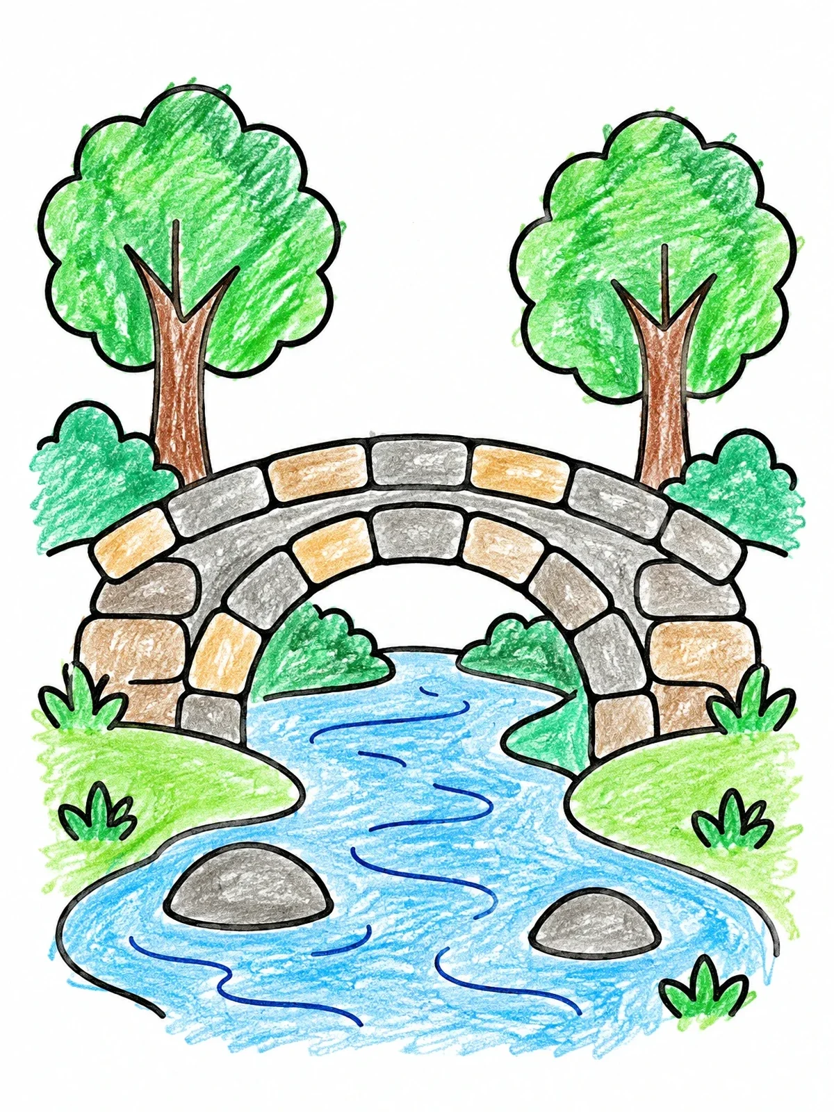 Colored example of the Arched Stone Bridge Over A Brook coloring page