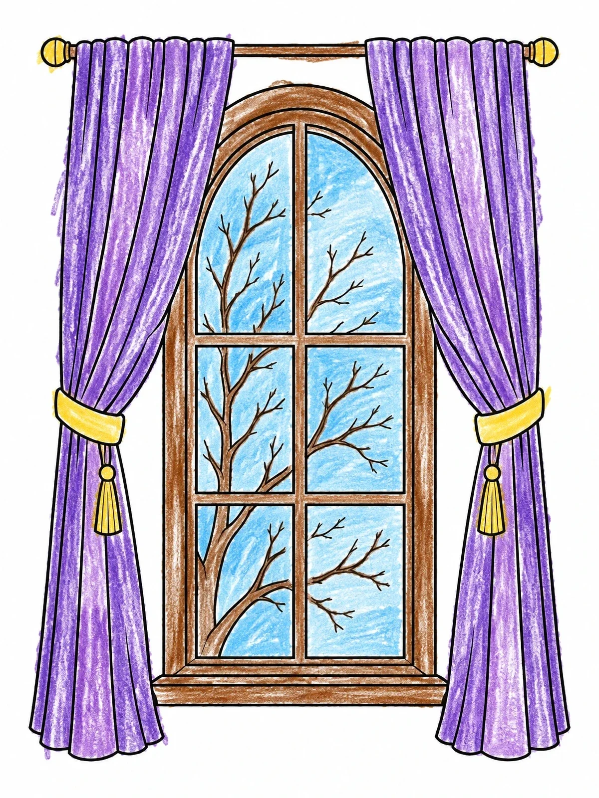 Colored example of the Arched Window With Drapes And Winter Branches coloring page