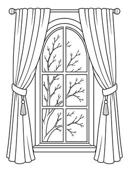 An arched window coloring page framed by elegant tied-back drapes looking out at bare winter trees.
