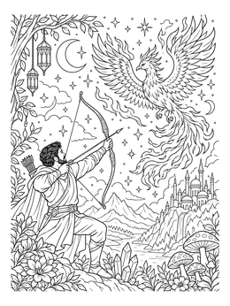 An archer taking aim at a magical phoenix in this firebird coloring page.