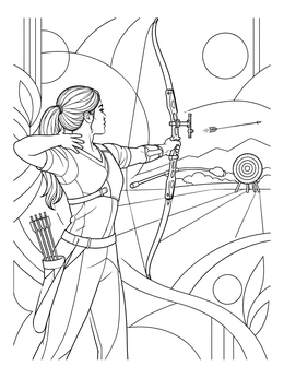 A focused woman aims at a target in this archery coloring page.
