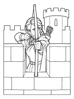 A skilled archer aims from behind castle battlements in this detailed archery coloring page.