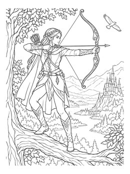 An archery coloring page showing an elf archer aiming a bow from a high tree branch overlooking a castle.