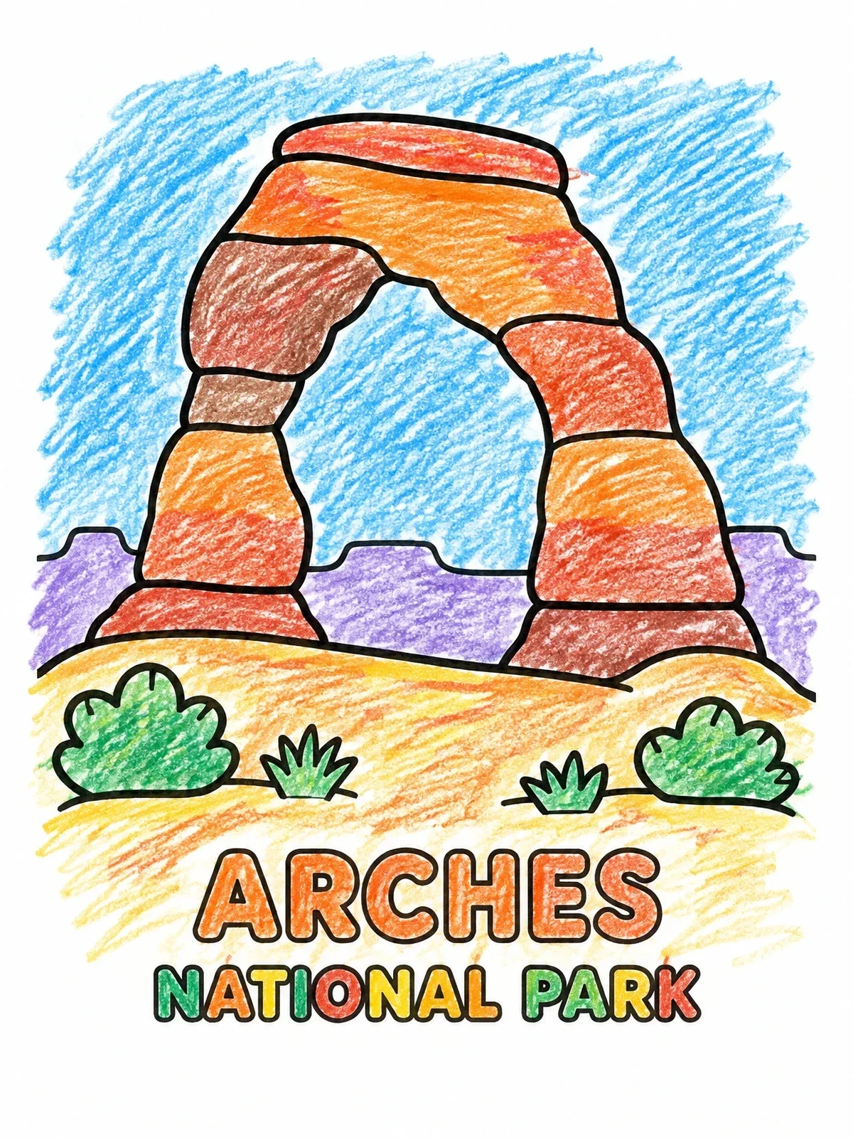 Colored example of the Delicate Arch In Arches National Park coloring page