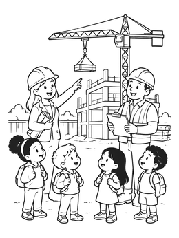 Free printable Architect And Builder Showing Construction Site To Children coloring page
