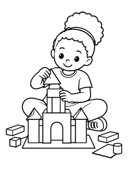 Free printable Little Girl Building A Toy Castle coloring page