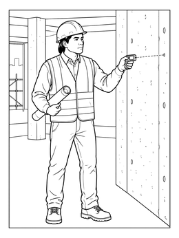 An architect coloring page with a builder aiming a laser measure at an interior concrete wall.