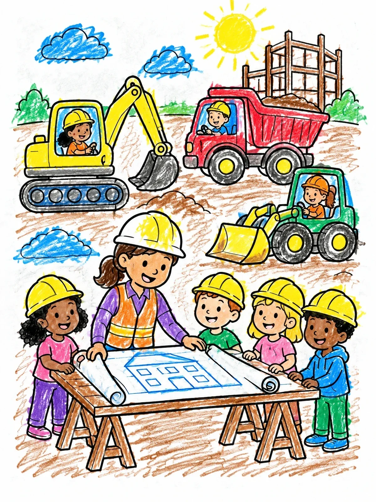 Colored example of the Architect Showing Blueprints To Kids coloring page