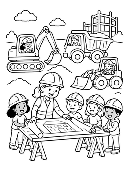 An architect sharing blueprints on this construction coloring page with vehicles.