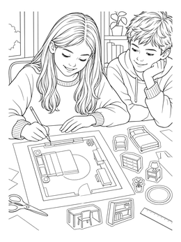 A teen girl sketches room layouts next to cutouts on this architect coloring page.