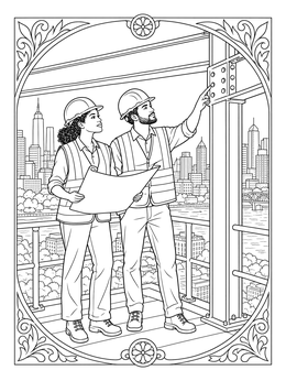 Two builders on an architect coloring page inspect high-rise steel beams above a detailed city skyline.