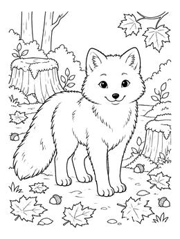 A smiling arctic fox stands on a path in this fox coloring page surrounded by fallen leaves.