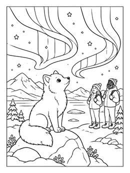 Free printable Arctic Fox And Hikers Under Aurora coloring page