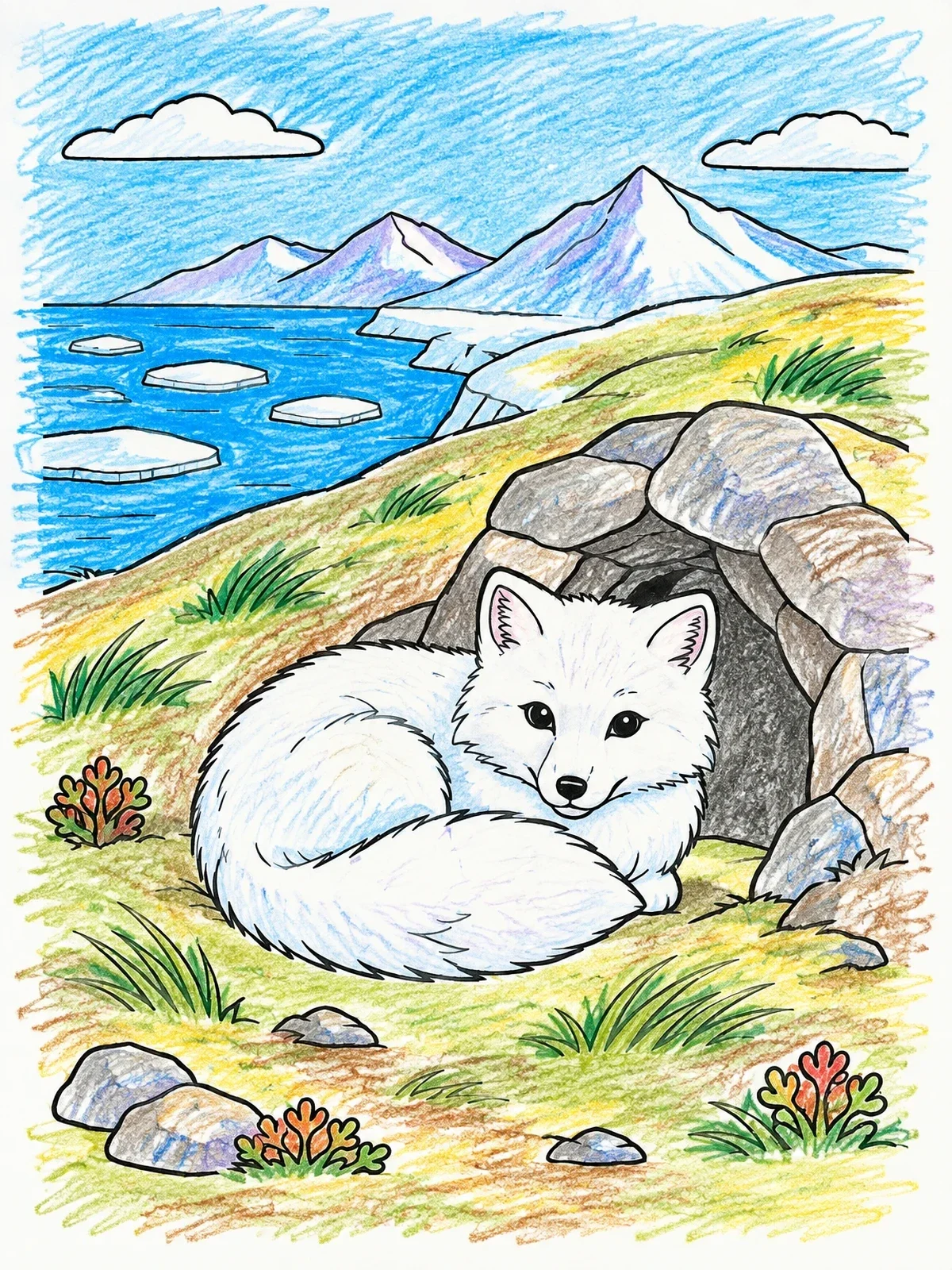 Colored example of the Arctic Fox In The Tundra coloring page