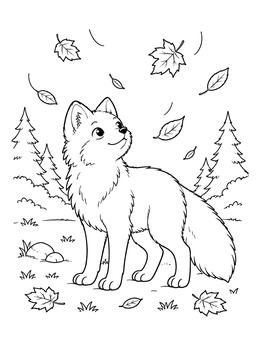 An alert arctic fox in a forest clearing in this fox coloring page with falling leaves.