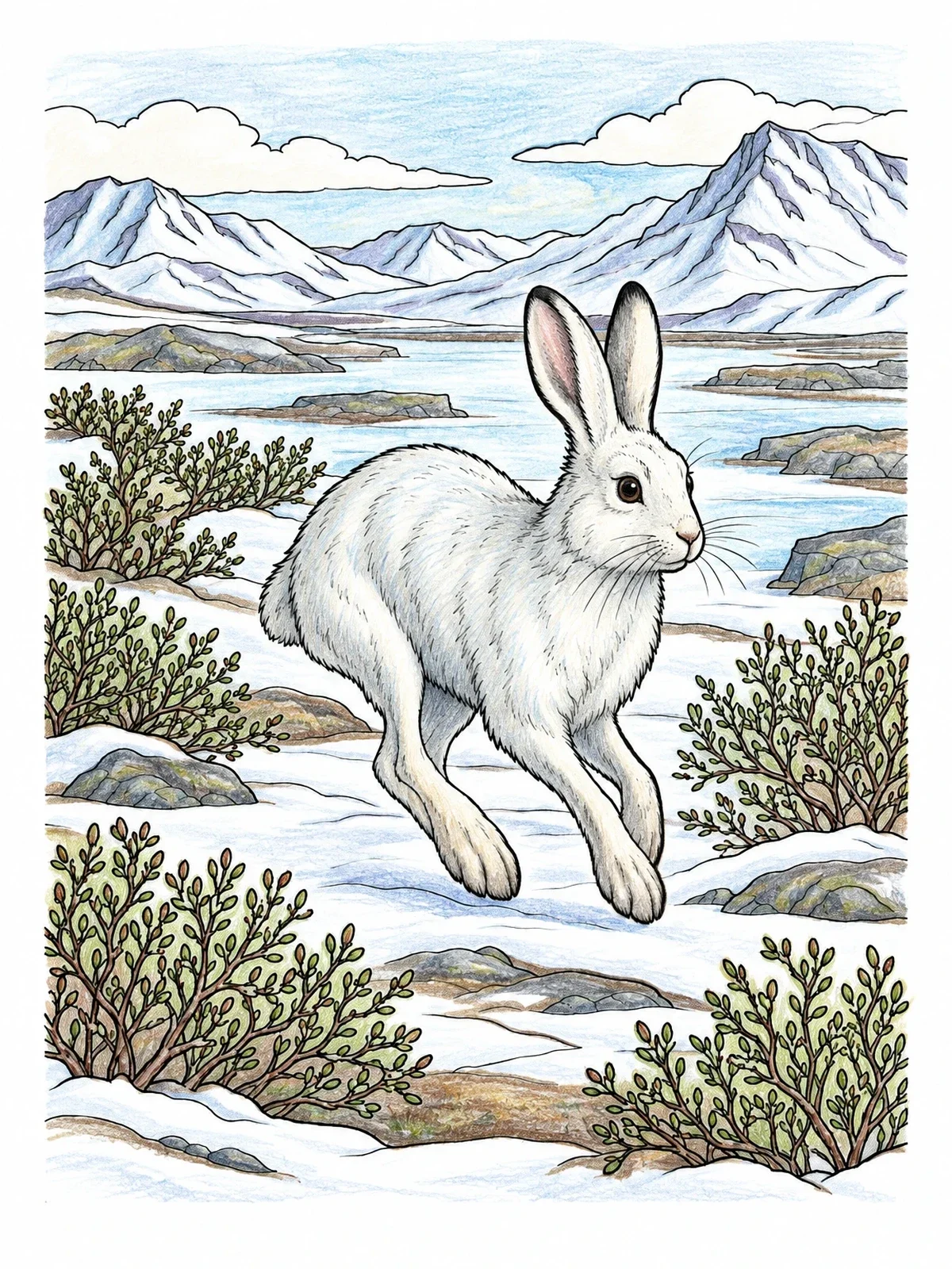 Colored example of the Arctic Hare In Mountain Tundra coloring page