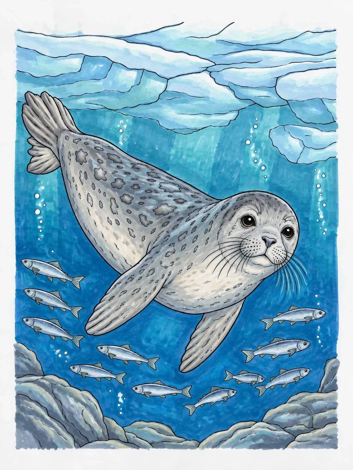 Colored example of the Arctic Seal Gliding With Polar Fish coloring page