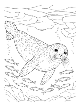 An underwater seal coloring page showing a spotted seal swimming with small fish beneath ice.