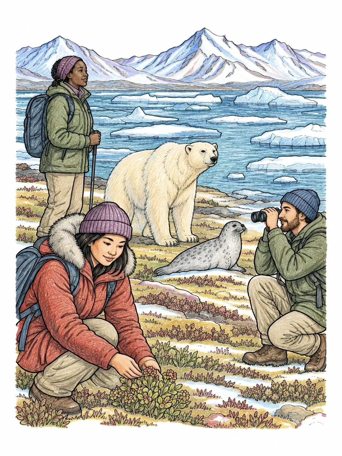 Colored example of the Arctic Tundra Researchers And Wildlife coloring page