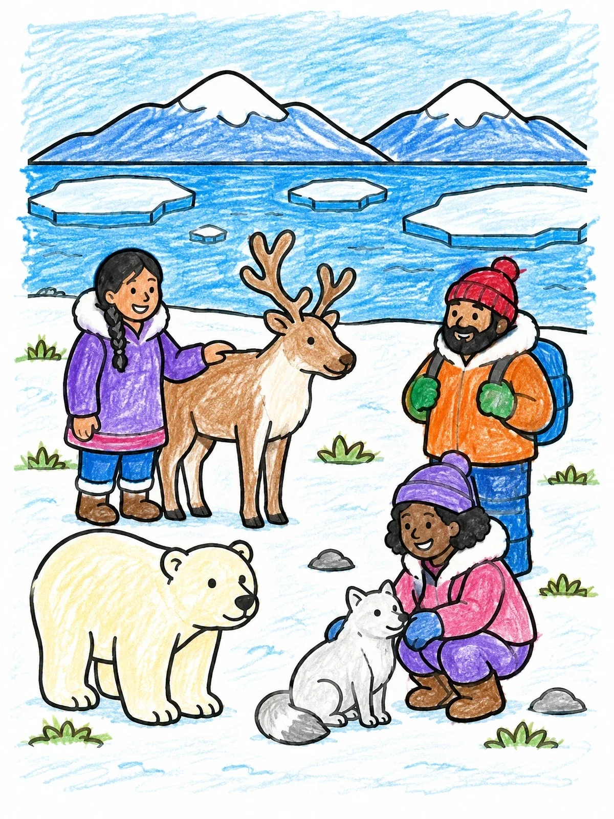 Colored example of the Arctic Tundra Wildlife And Explorers coloring page