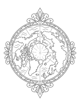 An ornate earth coloring page showing the globe from the North Pole.