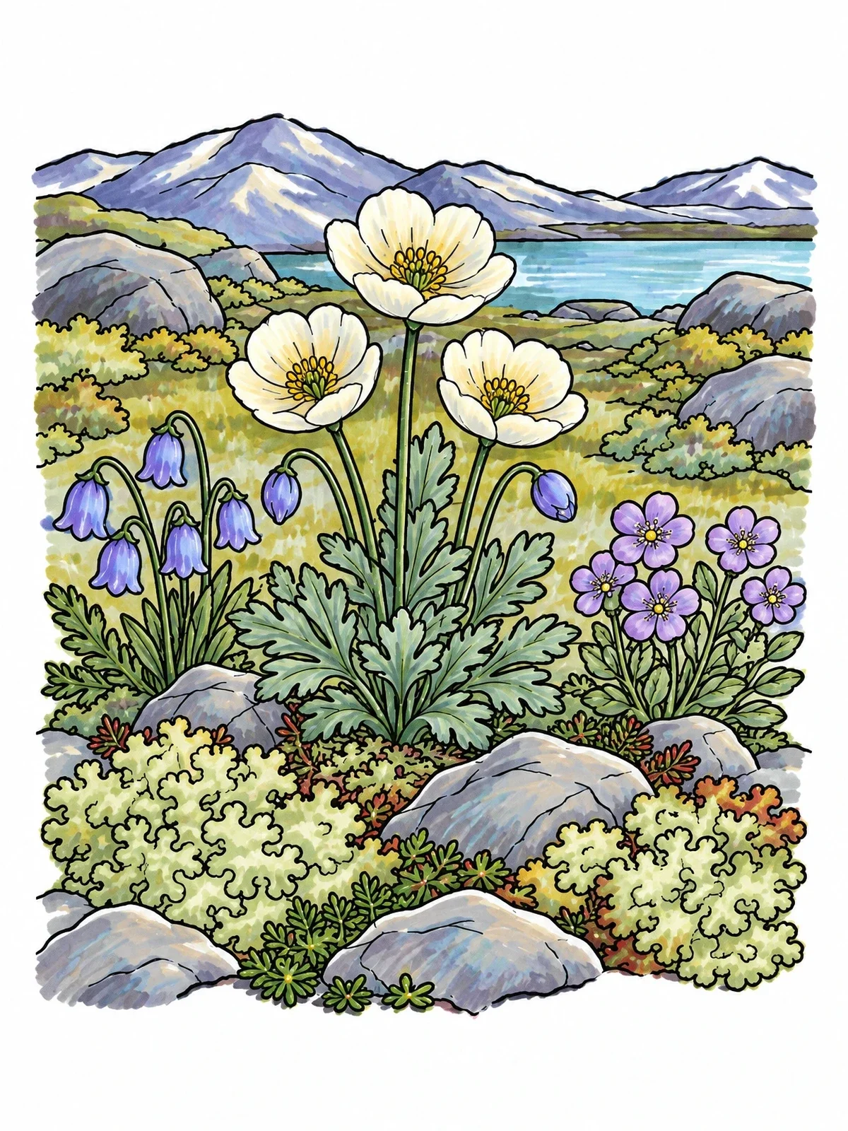 Colored example of the Arctic Wildflowers In Rocky Tundra coloring page
