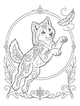 A playful pup leaps toward a feather in this arctic wolf coloring page framed with decorative swirls.