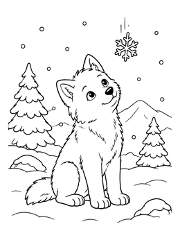 Free printable Arctic Wolf Pup Watching Falling Snowflake coloring page